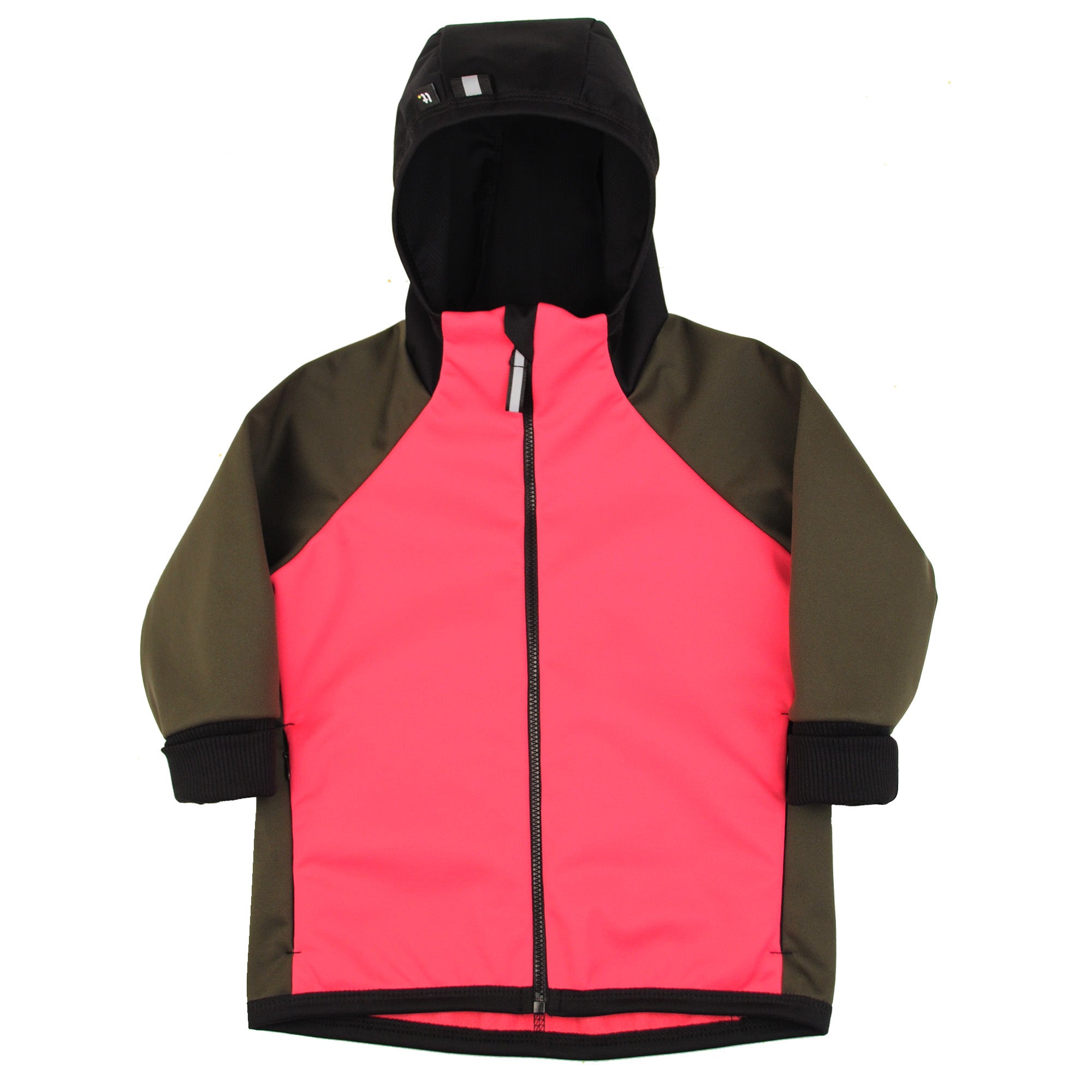 khaki-růžová softshellová bunda s kapucí