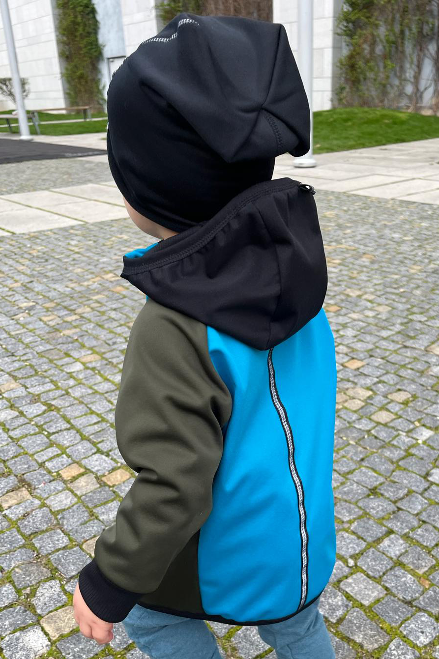 khaki-tyrkysová softshellová bunda s kapucí