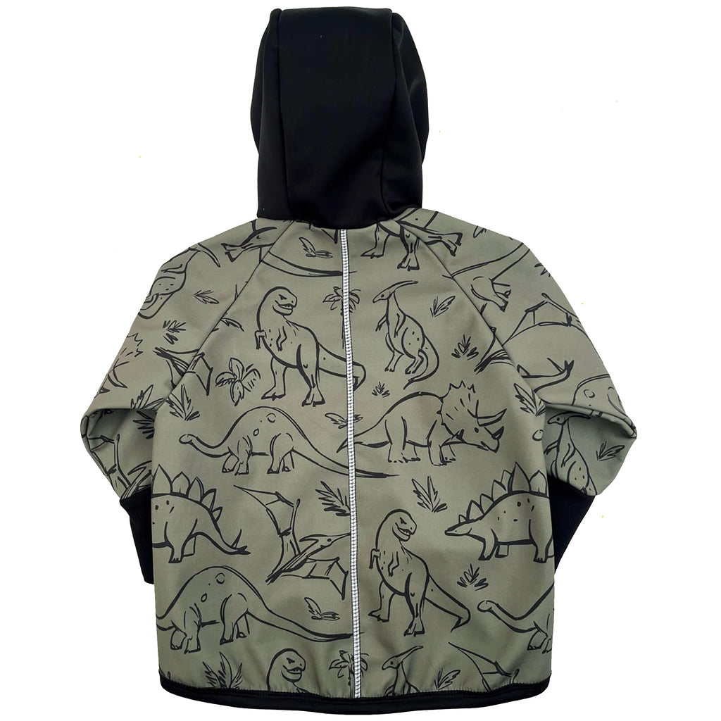 khaki zelená softshellová bunda s dinosaury