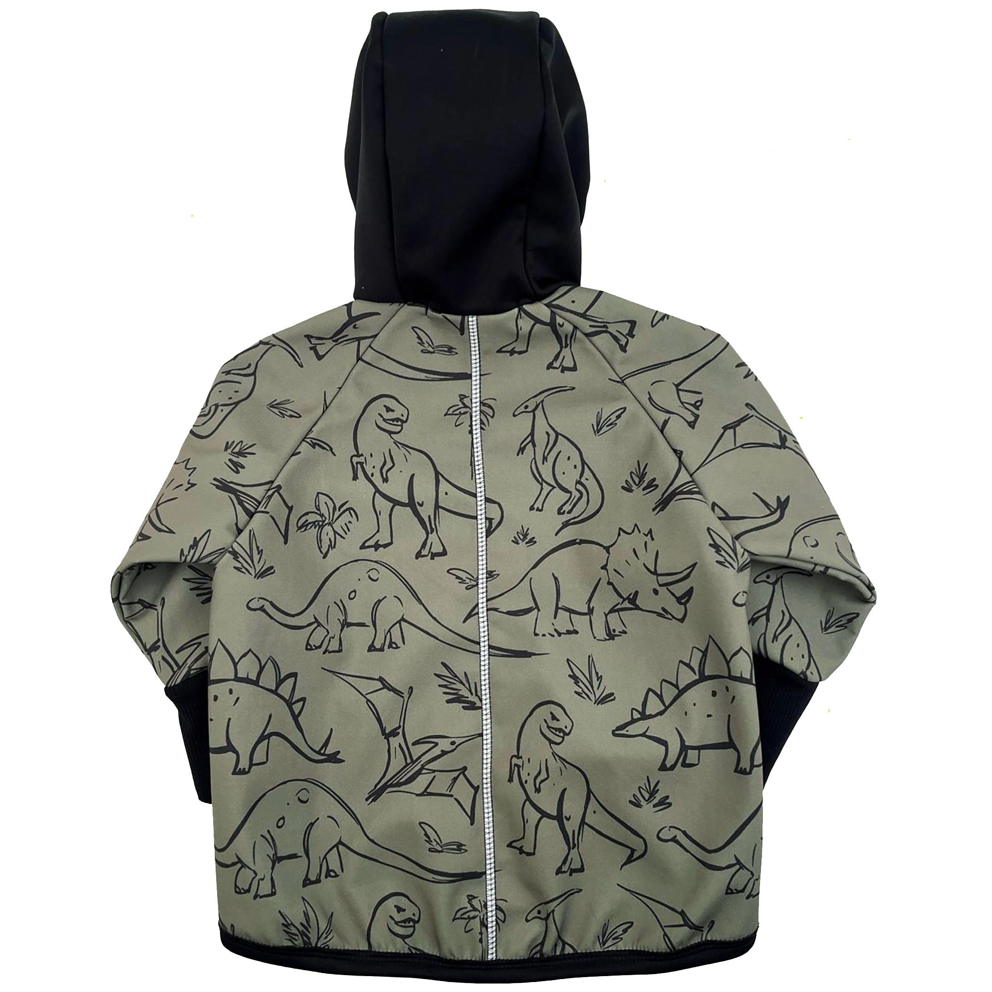 khaki zelená softshellová bunda s dinosaury