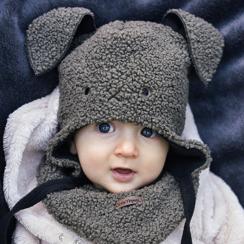 khaki zelená teddy čepice "zajíček"