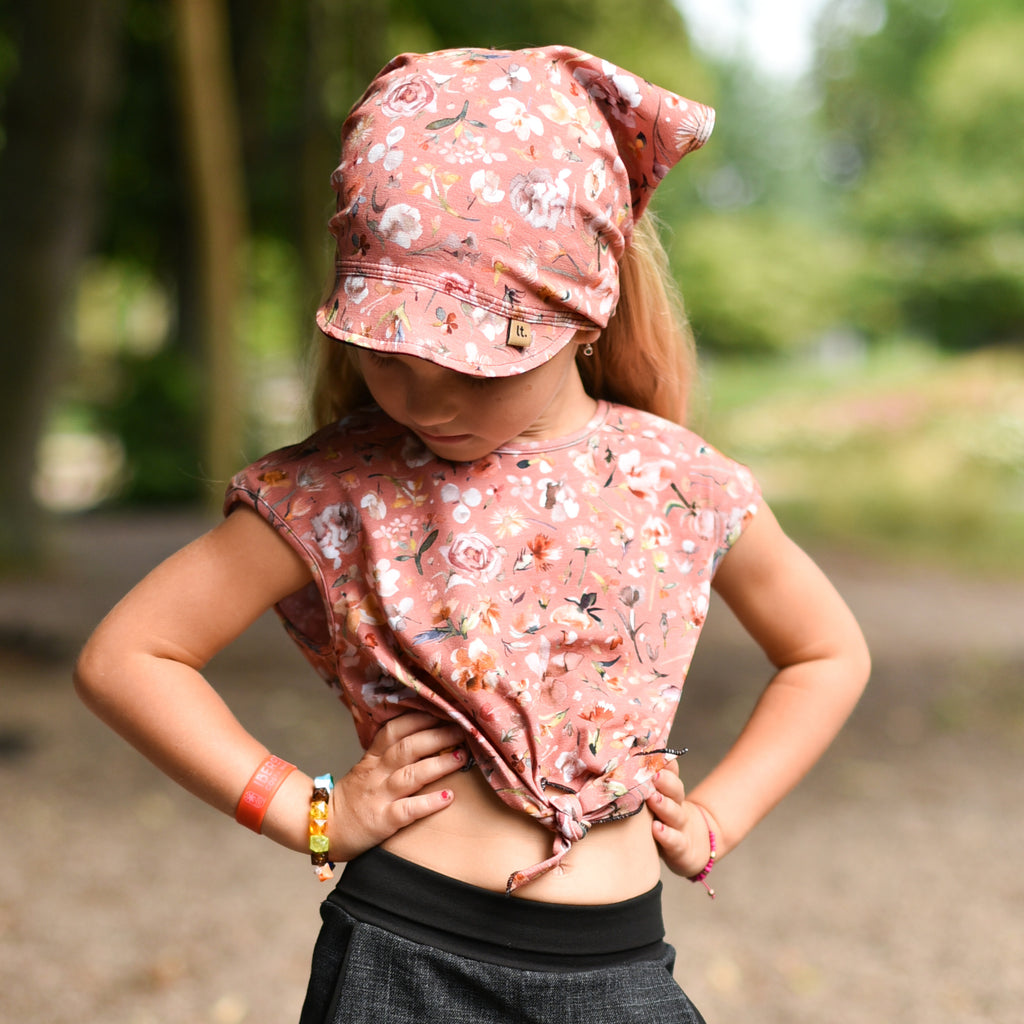 růžový bavlněný crop top s potiskem květů