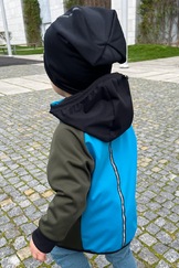khaki-tyrkysová softshellová bunda s kapucí 